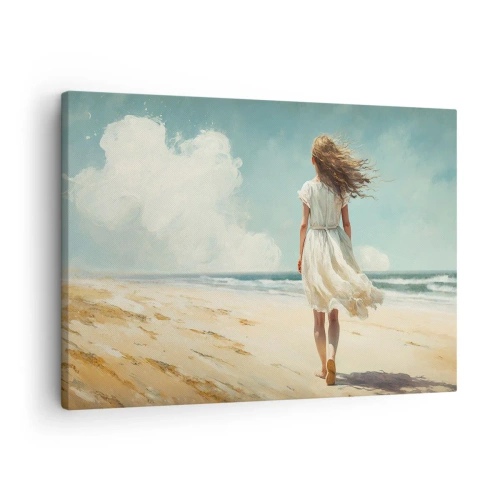 Bild auf Leinwand - Leinwandbild - Eine Frau in einem weißen Kleid geht an einem sonnigen Tag am Strand spazieren - 70x50cm - Der Sonne und dem Wind begegnen - Moderne Wanddekoration für Wohnzimmer und Schlafzimmer ARTTOR