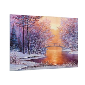 Glasbild - Bild auf glas - Winterlandschaft mit Brücke und schneebedeckten Bäumen bei Sonnenuntergang - 100x70cm - Treffen wir uns hier - Moderne Wanddekoration für Wohnzimmer und Schlafzimmer ARTTOR