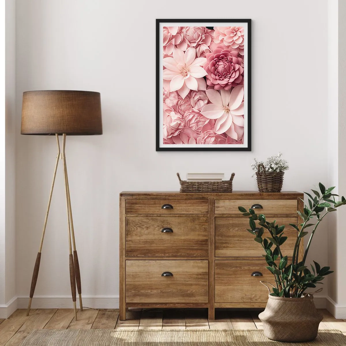 Poster in einem schwarzem Rahmen - Rosa Blüten in einer eleganten Komposition - 50x70cm - In rosa Blütenblättern - Moderne Wanddekoration für Wohnzimmer und Schlafzimmer ARTTOR