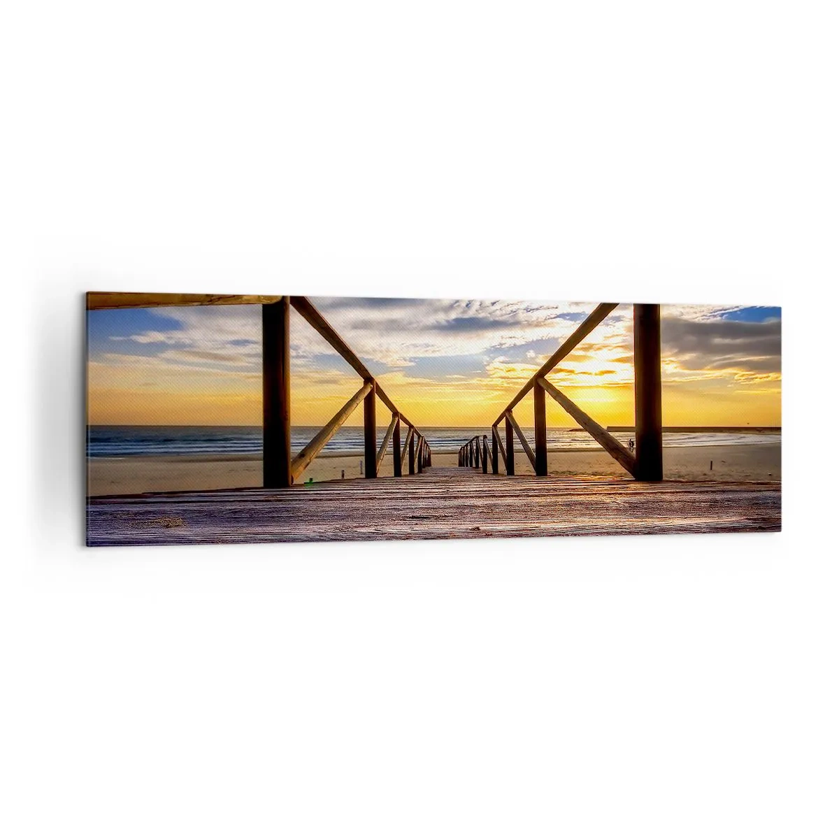 Bild auf Leinwand - Leinwandbild - Holzsteg zum Strand bei Sonnenuntergang - 160x50cm - Direkt zum ruhigen Strand bei Sonnenuntergang - Moderne Wanddekoration für Wohnzimmer und Schlafzimmer ARTTOR