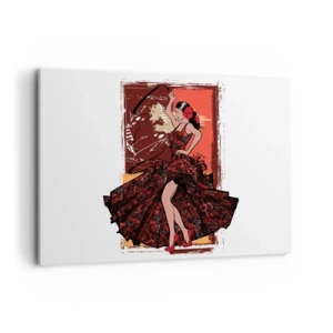 Bild auf Leinwand - Leinwandbild - Eine Tänzerin in einem rot-schwarzen Kleid vor einem künstlerischen Hintergrund - 100x70cm - Im Rhythmus des Herzens - Moderne Wanddekoration für Wohnzimmer und Schlafzimmer ARTTOR