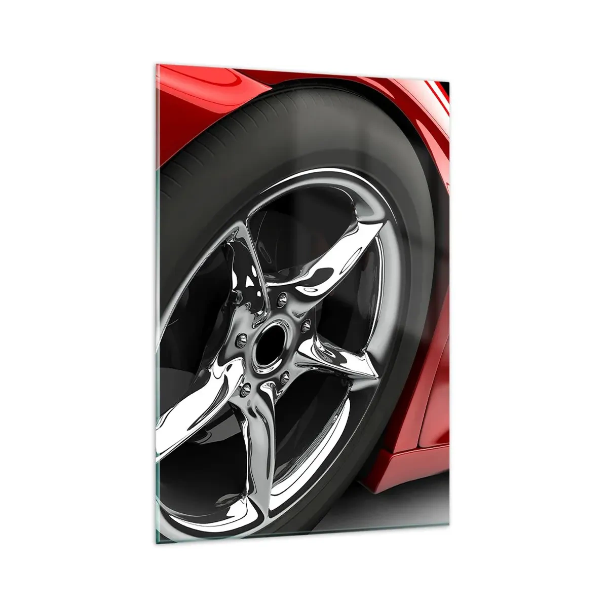 Glasbild - Bild auf glas - Roter Sportwagen mit Chromfelge - 80x120cm - Für Schnelligkeit gebaut - Moderne Wanddekoration für Wohnzimmer und Schlafzimmer ARTTOR
