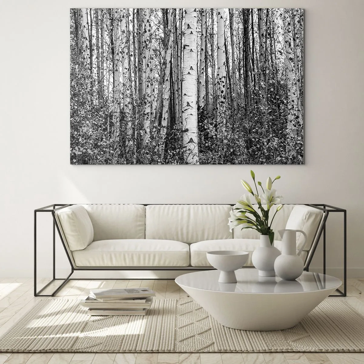 Glasbild - Bild auf glas - Schwarze und weiße Birken schaffen eine dichte Waldlandschaft - 70x50cm - Birkenkolonnade - Moderne Wanddekoration für Wohnzimmer und Schlafzimmer ARTTOR