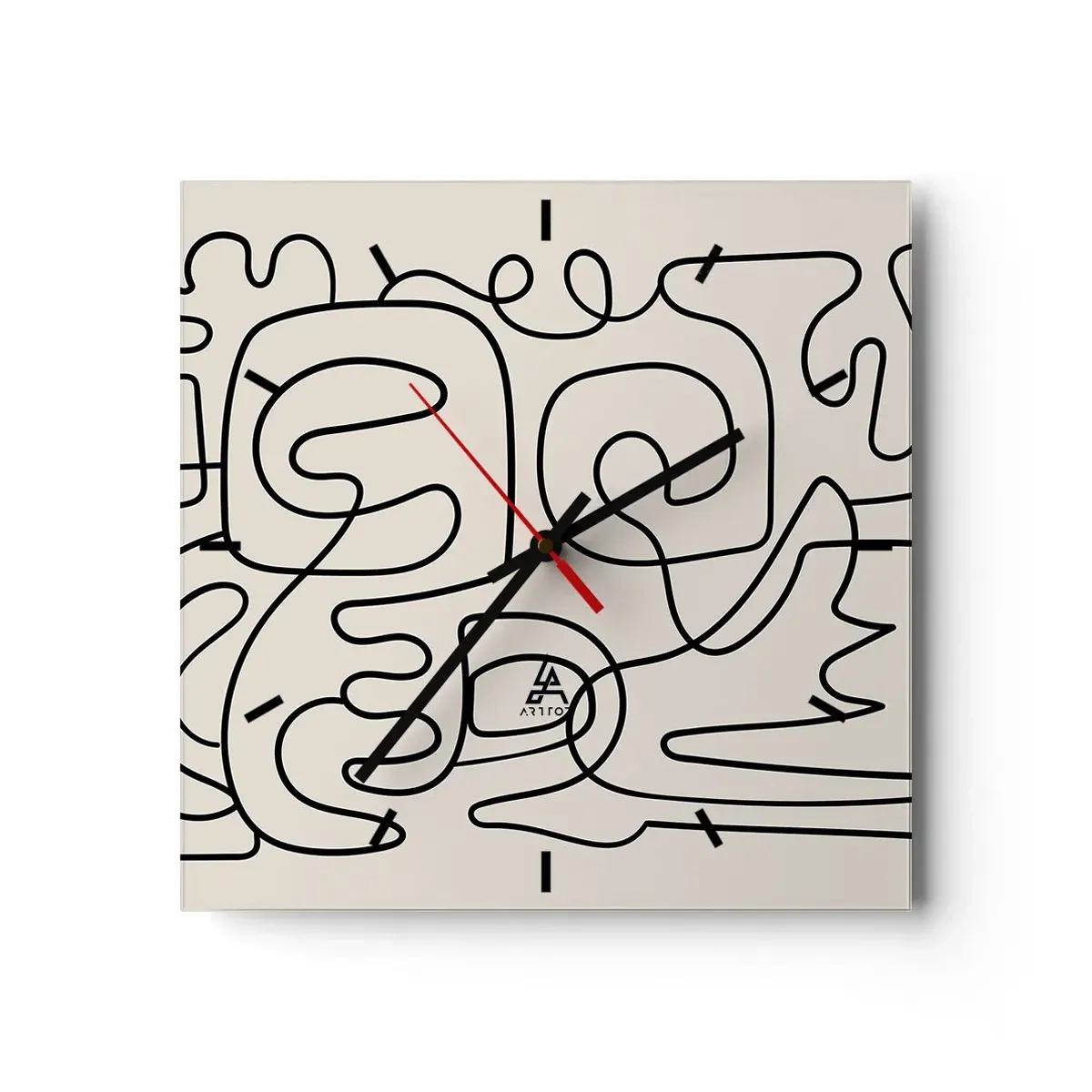 Wanduhr - Glasuhr - Abstraktes Linienkunstmuster in Schwarz auf hellem Hintergrund - 30x30cm - Folge der Spur - Moderne Wanddekoration für Wohnzimmer und Schlafzimmer ARTTOR