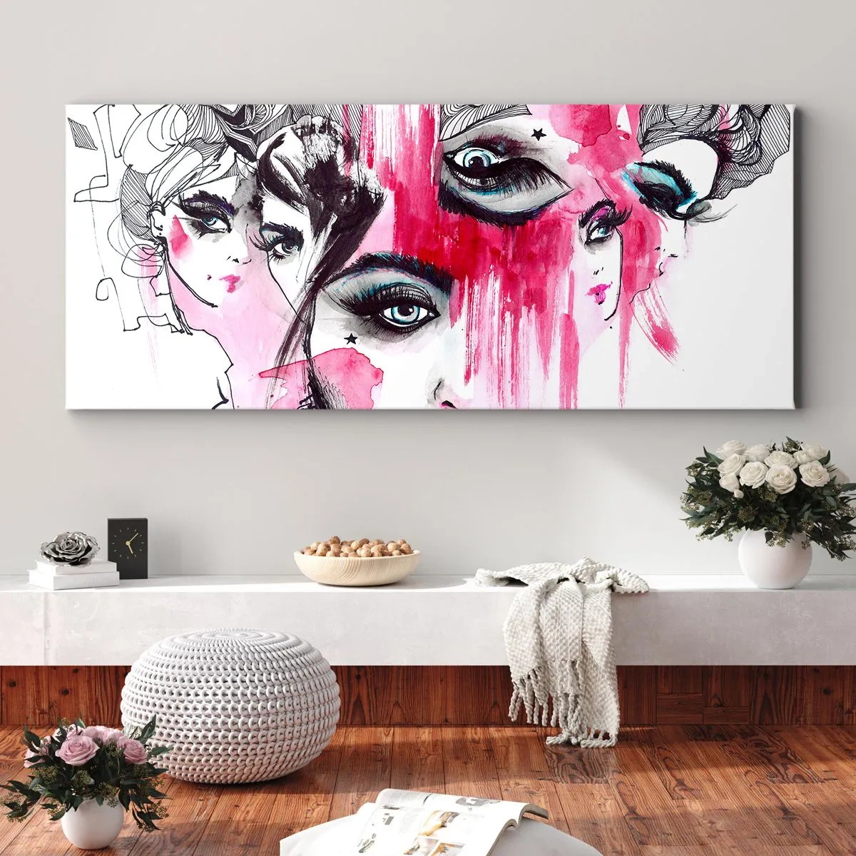 Bild auf Leinwand - Leinwandbild - Abstraktes Gesicht in Rosa- und Schwarztönen - 140x50cm - Abstrakte Augen - Moderne Wanddekoration für Wohnzimmer und Schlafzimmer ARTTOR