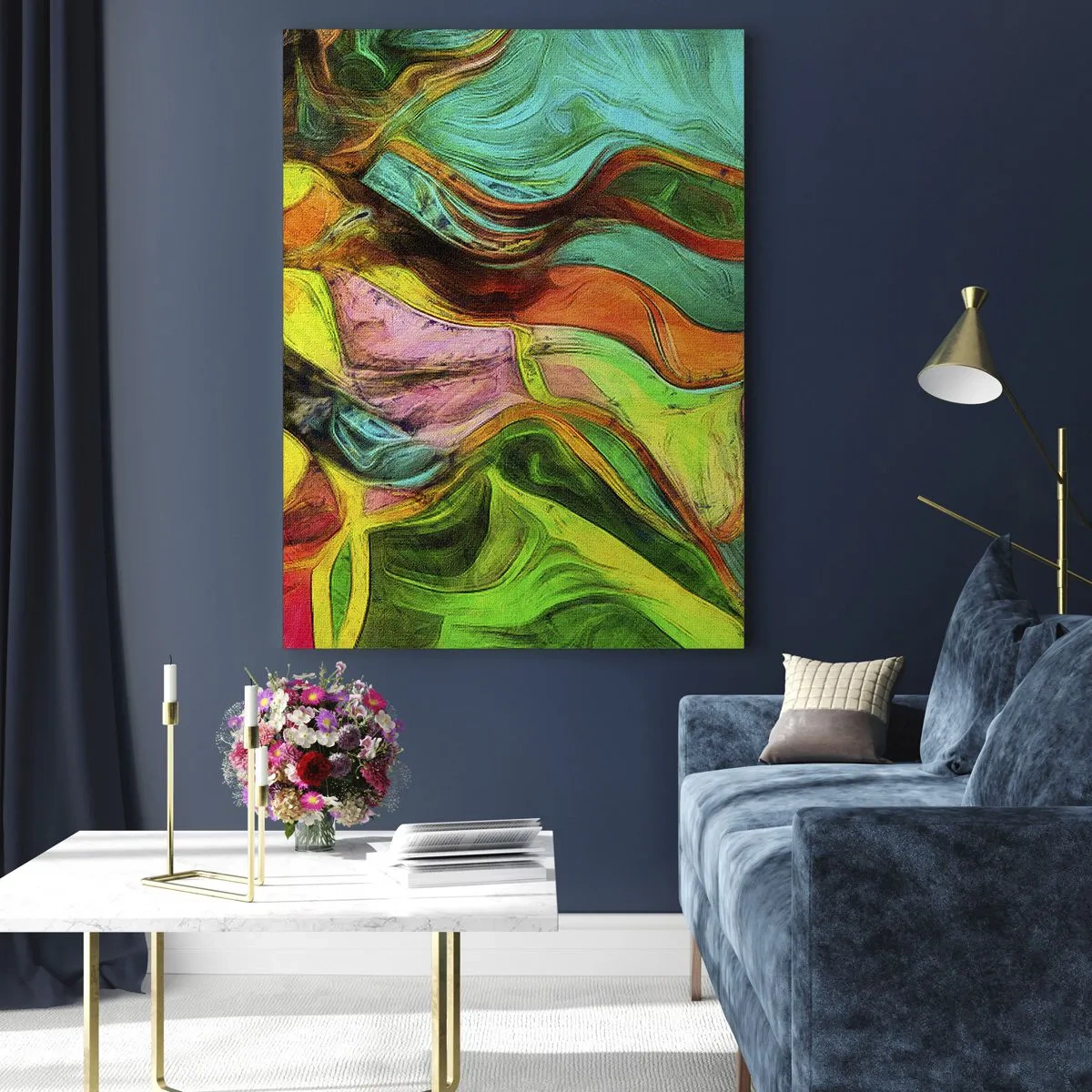 Glasbild - Bild auf glas - Eine abstrakte Komposition mit bunten Punkten und dynamischen Linien. - 80x120cm - Bewegung ist Leben - Moderne Wanddekoration für Wohnzimmer und Schlafzimmer ARTTOR