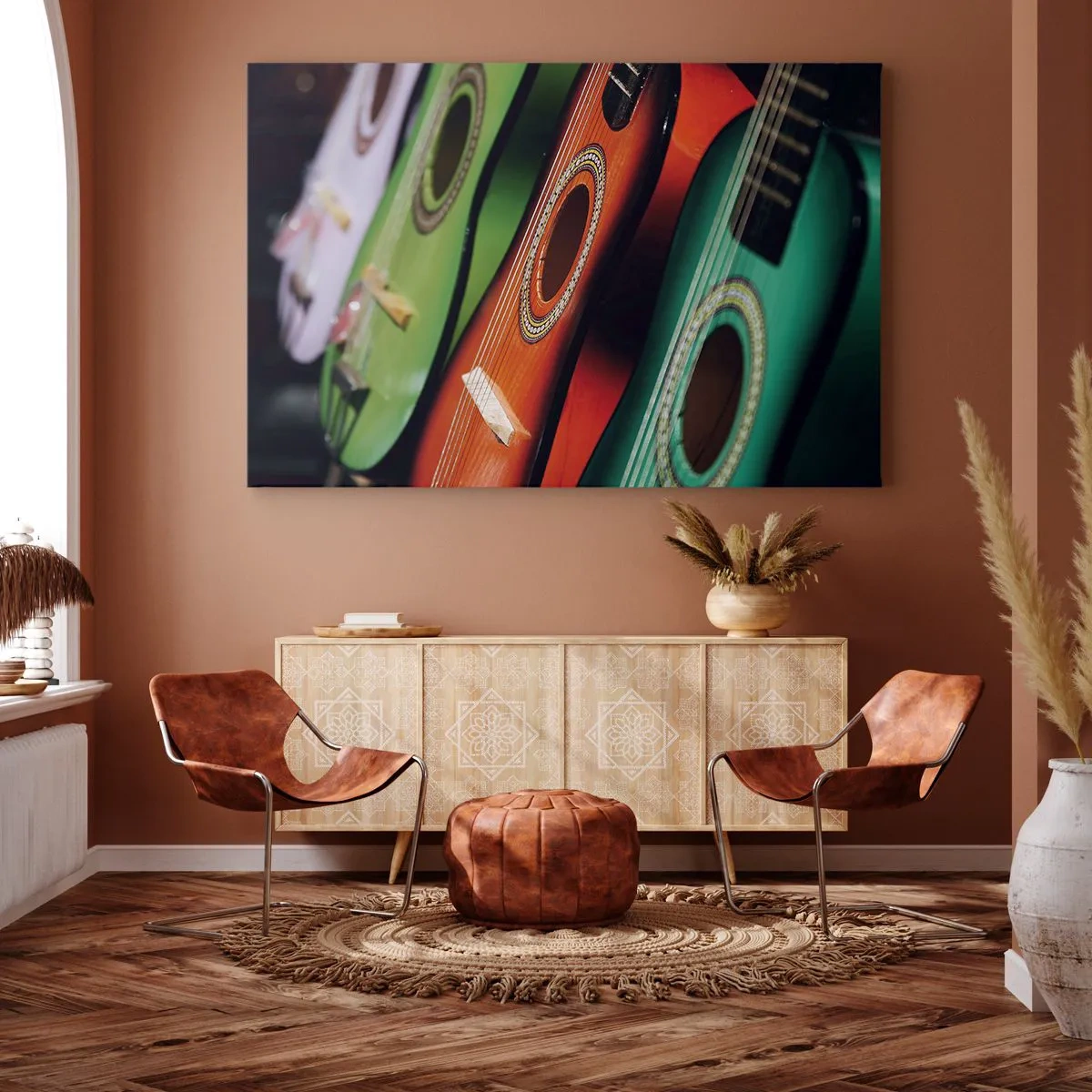Bild auf Leinwand - Leinwandbild - Bunte Gitarren in verschiedenen Farbtönen in einer Reihe angeordnet - 120x80cm - Die Gitarre hat viele Farben - Moderne Wanddekoration für Wohnzimmer und Schlafzimmer ARTTOR