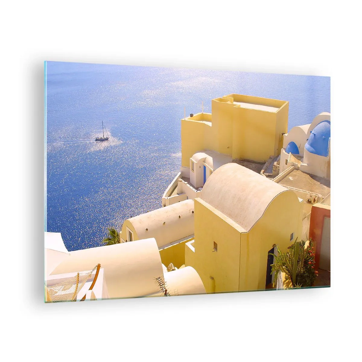Glasbild - Bild auf glas - Blick auf Santorin mit blauem Meer und weißen Gebäuden - 70x50cm - Griechische Landschaft in Weiß und Blau - Moderne Wanddekoration für Wohnzimmer und Schlafzimmer ARTTOR