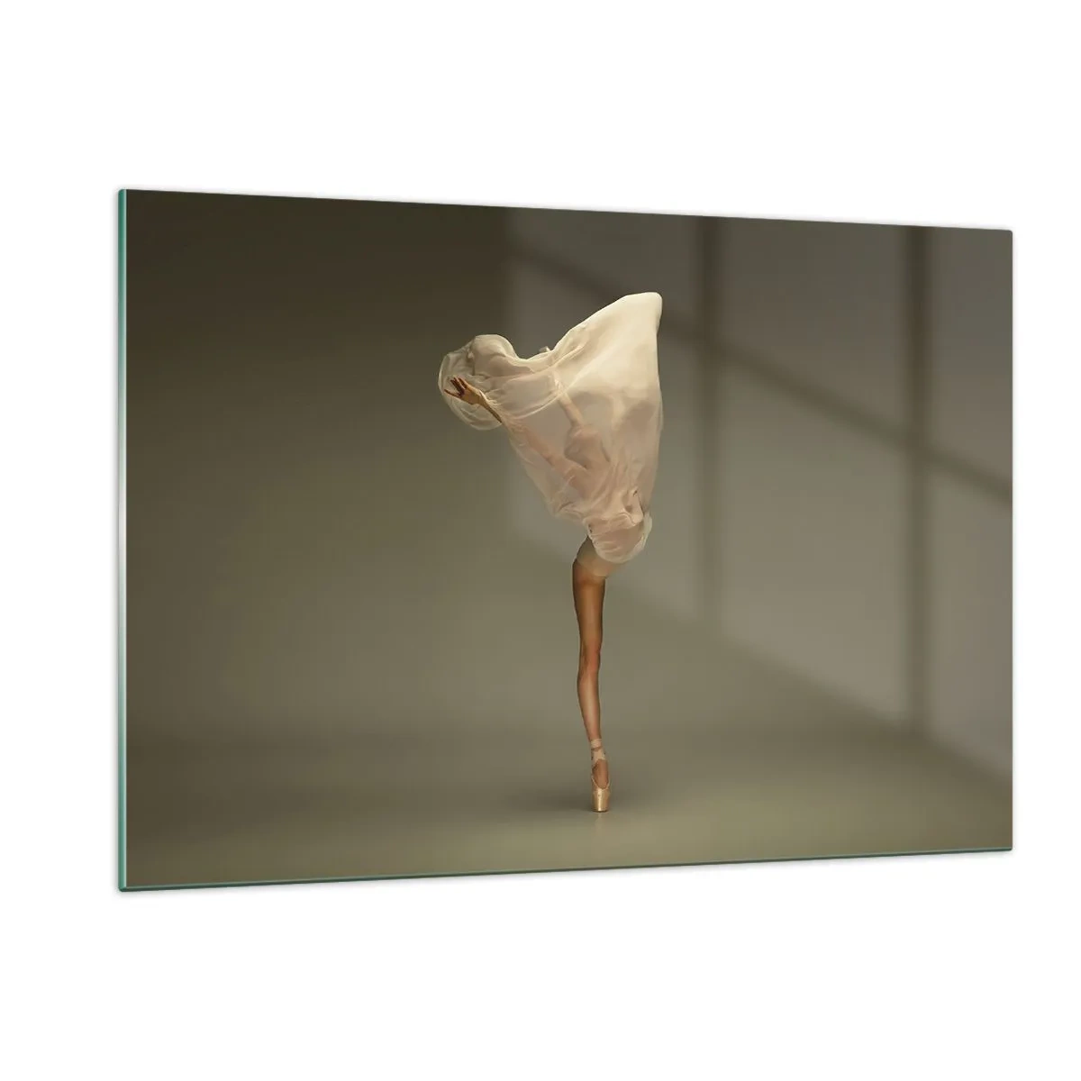 Glasbild - Bild auf glas - Eine Tänzerin in zarter Pose mit hochgezogenem Schleier - 120x80cm - Es wird bald auffliegen - Moderne Wanddekoration für Wohnzimmer und Schlafzimmer ARTTOR