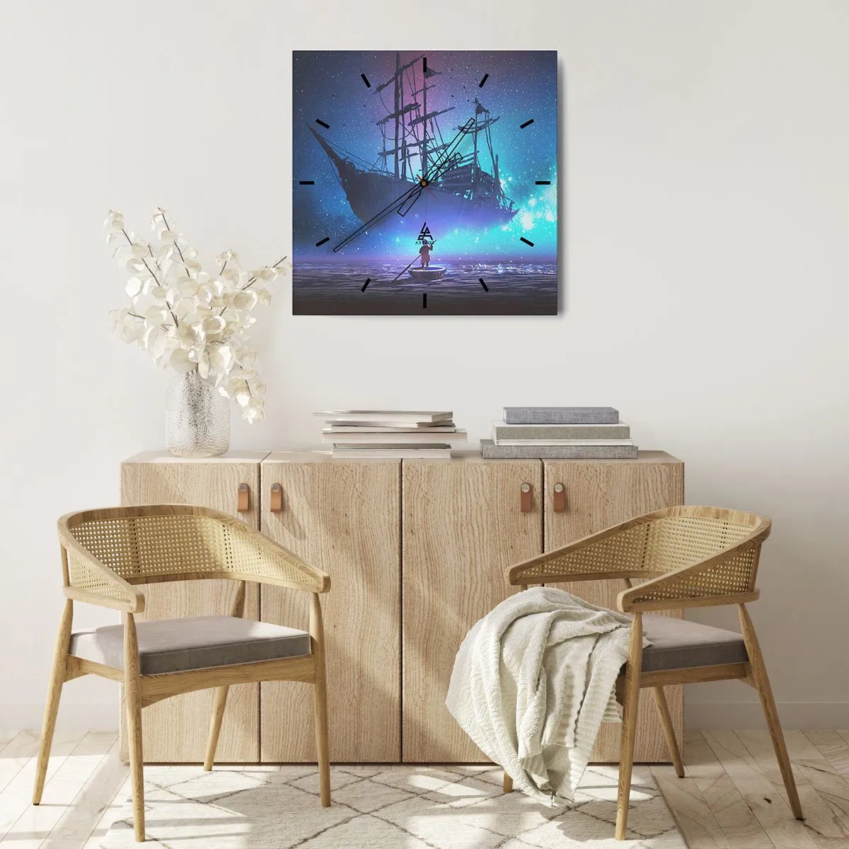 Wanduhr - Glasuhr - Ein fantastisches Schiff vor dem Sternenhimmel - 30x30cm - Begegnung mit dem Mythos des Meeres - Moderne Wanddekoration für Wohnzimmer und Schlafzimmer ARTTOR