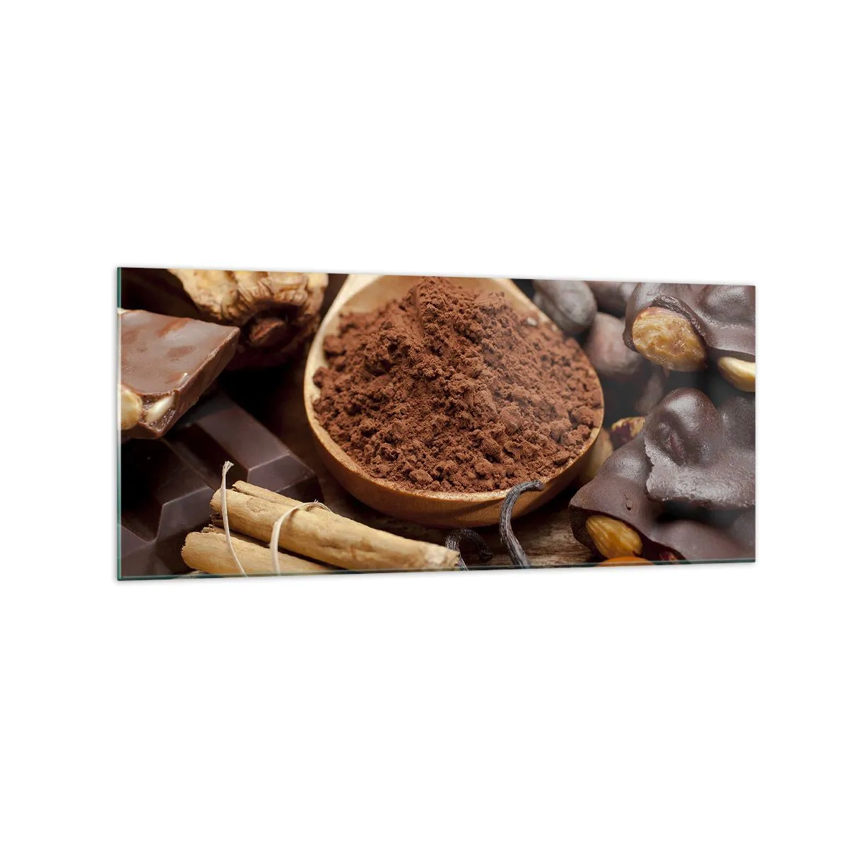 Glasbild - Bild auf glas - Ein Löffel Kakao- und Schokoladenzutaten in einem rustikalen Arrangement - 120x50cm - Die Beste gegen Sorgen - Moderne Wanddekoration für Wohnzimmer und Schlafzimmer ARTTOR