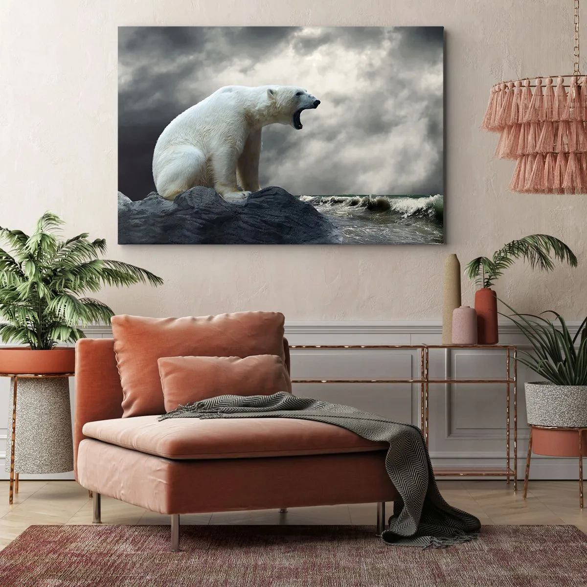 Bild auf Leinwand - Leinwandbild - Ein Eisbär auf den Felsen über einem stürmischen Meer - 70x50cm - Der einsame König der Arktis - Moderne Wanddekoration für Wohnzimmer und Schlafzimmer ARTTOR