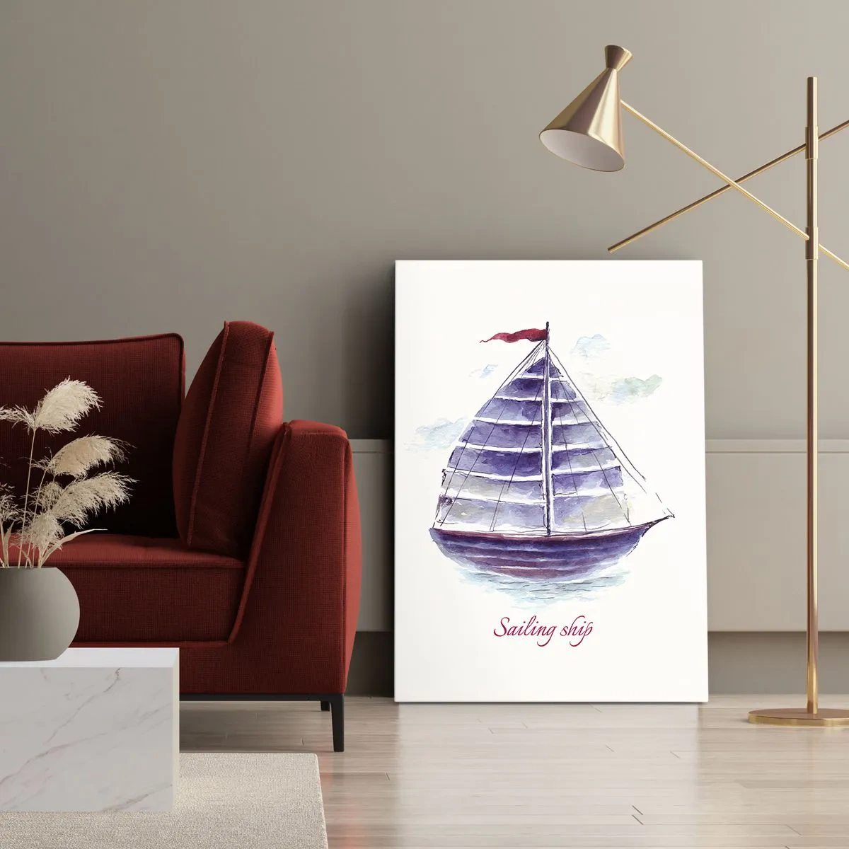 Bild auf Leinwand - Leinwandbild - Ein Aquarell eines Segelboots auf dem Wasser mit einer zarten Inschrift - 50x70cm - Volle Segel und ruhiges Wasser - Moderne Wanddekoration für Wohnzimmer und Schlafzimmer ARTTOR