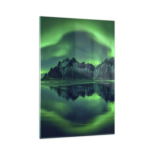 Glasbild - Bild auf glas - Berge, umgeben von Polarlichtern, die sich im Wasser spiegeln - 80x120cm - In den Armen der Aurora - Moderne Wanddekoration für Wohnzimmer und Schlafzimmer ARTTOR