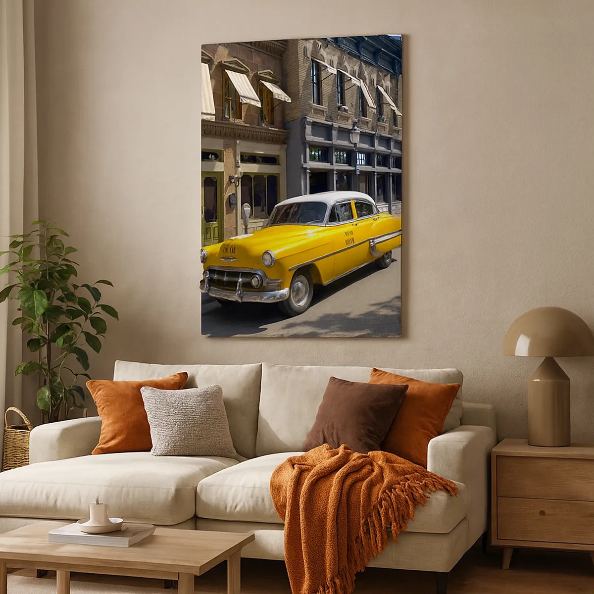 Bild auf Leinwand - Leinwandbild - Ein gelbes Taxi auf einer Straße mit Mietshäusern - 50x70cm - Vor langer Zeit in Amerika - Moderne Wanddekoration für Wohnzimmer und Schlafzimmer ARTTOR