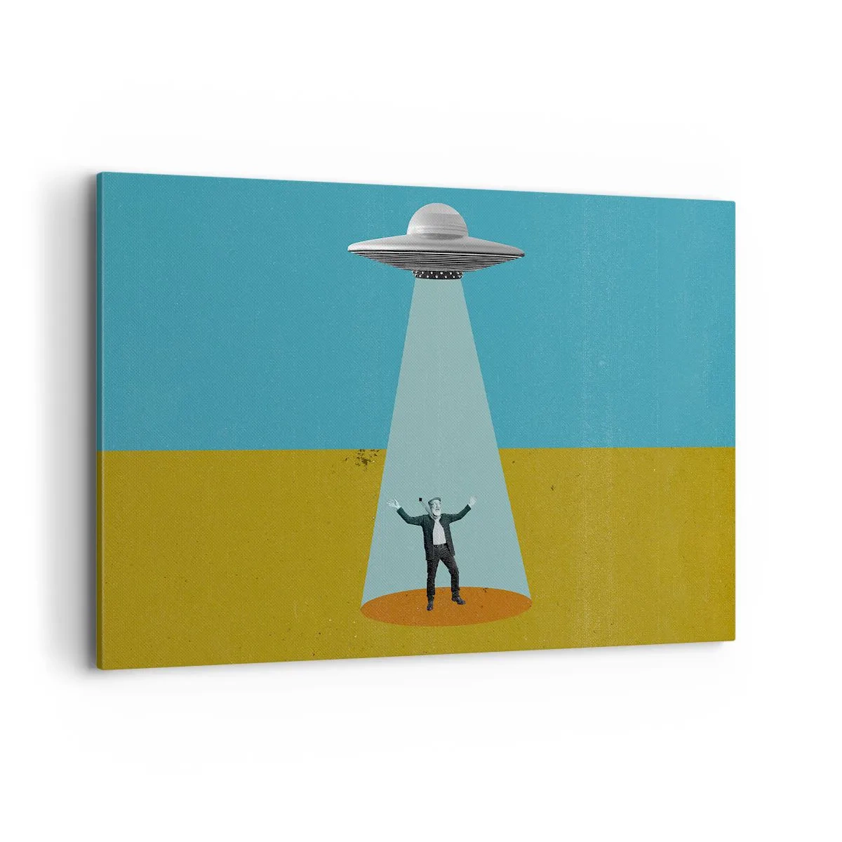 Bild auf Leinwand - Leinwandbild - Ein Mann im Licht eines UFOs vor dem Hintergrund einer farbenfrohen Landschaft - 120x80cm - Nahe Begegnung - Moderne Wanddekoration für Wohnzimmer und Schlafzimmer ARTTOR