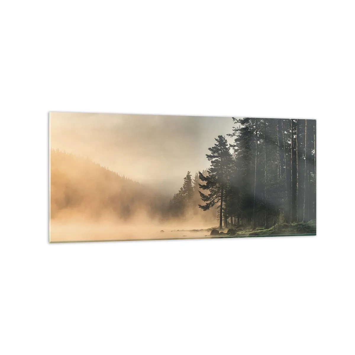 Glasbild - Bild auf glas - Ein nebliger Wald über einem ruhigen See - 120x50cm - Die Geburt des Tages - Moderne Wanddekoration für Wohnzimmer und Schlafzimmer ARTTOR