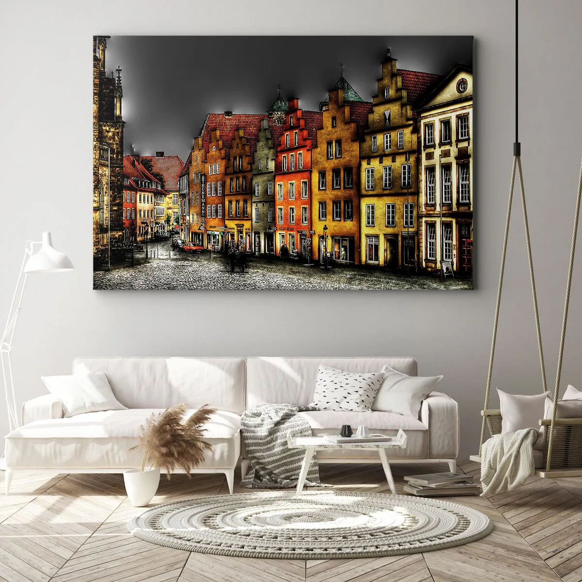 Bild auf Leinwand - Leinwandbild - Bunte Mietshäuser auf einer Kopfsteinpflasterstraße in der historischen Stadt - 120x80cm - Es fehlt nur noch ein verzaubertes Taxi - Moderne Wanddekoration für Wohnzimmer und Schlafzimmer ARTTOR