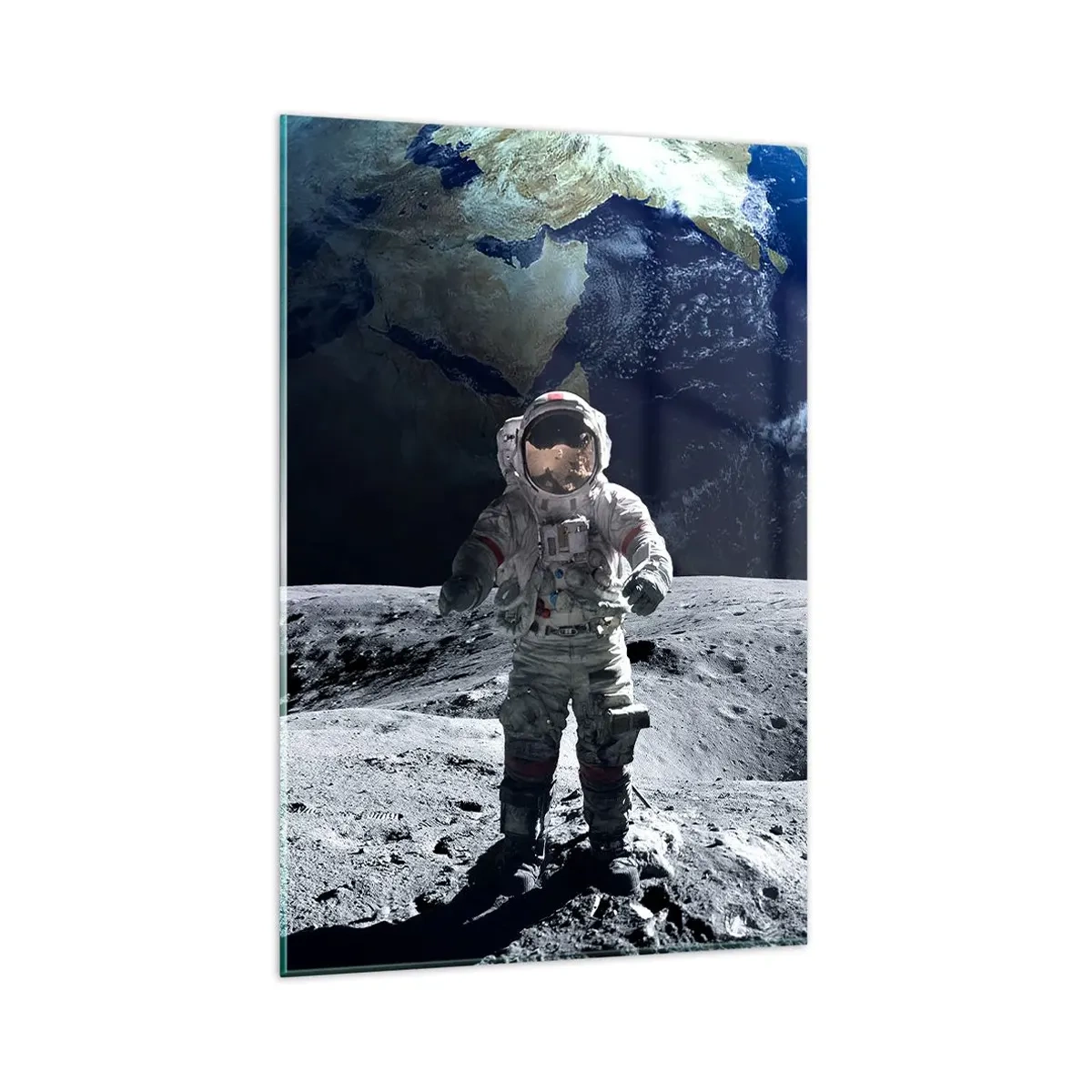 Glasbild - Bild auf glas - Astronaut auf der Mondoberfläche mit der Erde im Hintergrund - 80x120cm - Grüße vom Mond - Moderne Wanddekoration für Wohnzimmer und Schlafzimmer ARTTOR