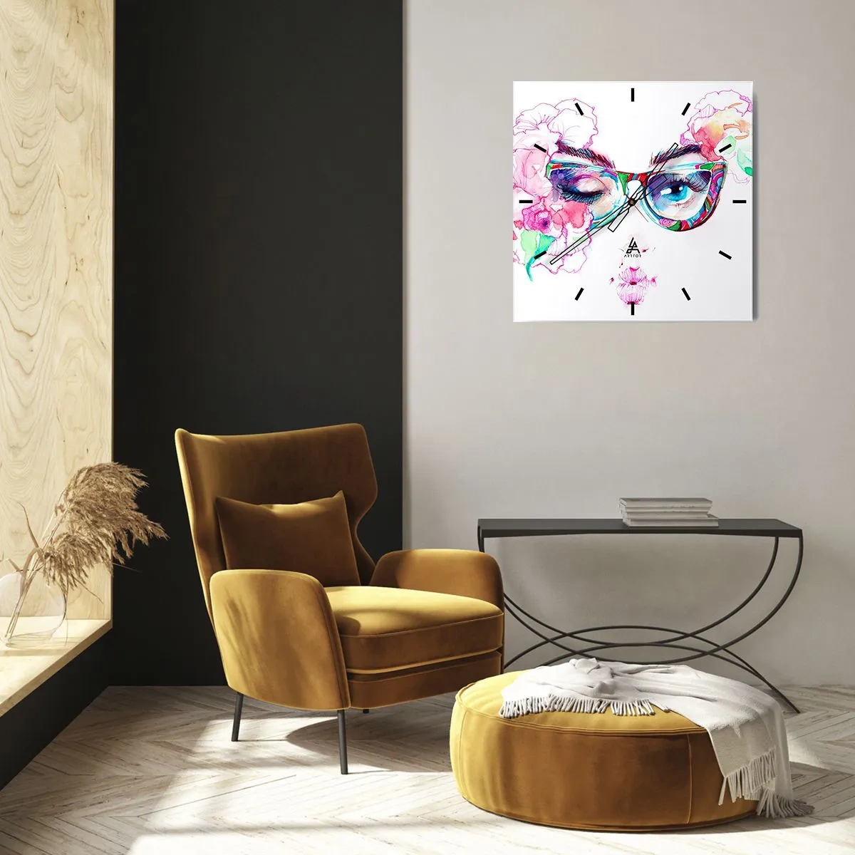 Wanduhr - Glasuhr - Aquarellgesicht mit bunten Gläsern und Blumen - 30x30cm - Ein verlockendes Versprechen - Moderne Wanddekoration für Wohnzimmer und Schlafzimmer ARTTOR
