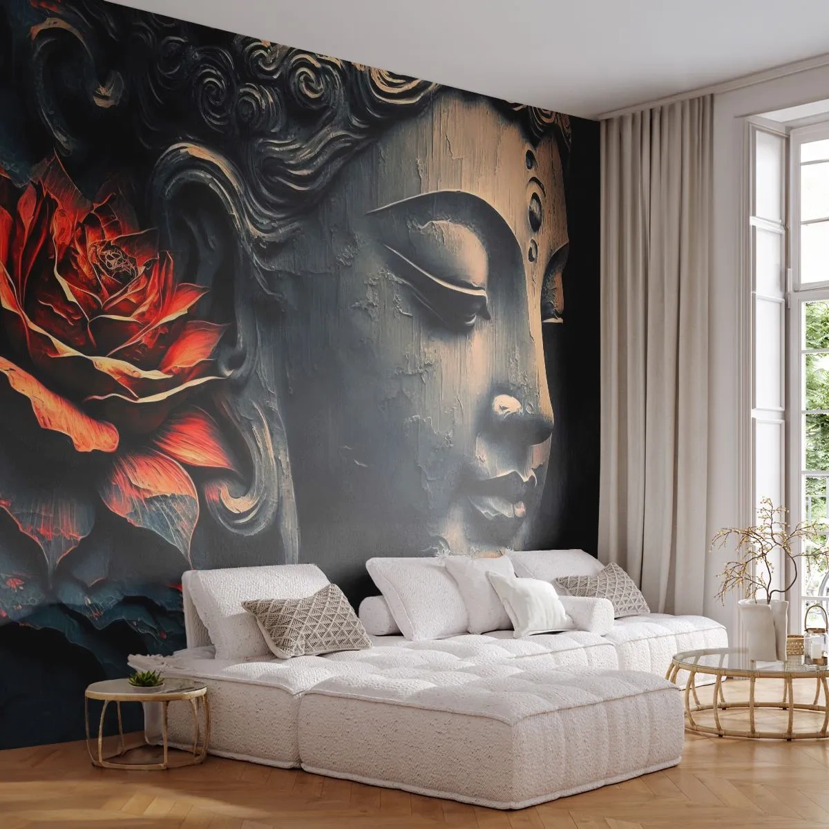 Fototapete Premium Sand - Gesichtsskulptur im buddhistischen Stil mit Blume - 100x70cm - Im Einklang mit der Welt - Moderne Wanddekoration für Wohnzimmer und Schlafzimmer ARTTOR