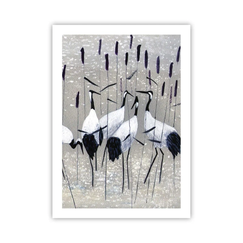 Poster - Die Anmut der Kraniche in einer subtilen Landschaft aus Gras und Wasser - 50x70cm - Unter ihren eigenen - Moderne Wanddekoration für Wohnzimmer und Schlafzimmer ARTTOR