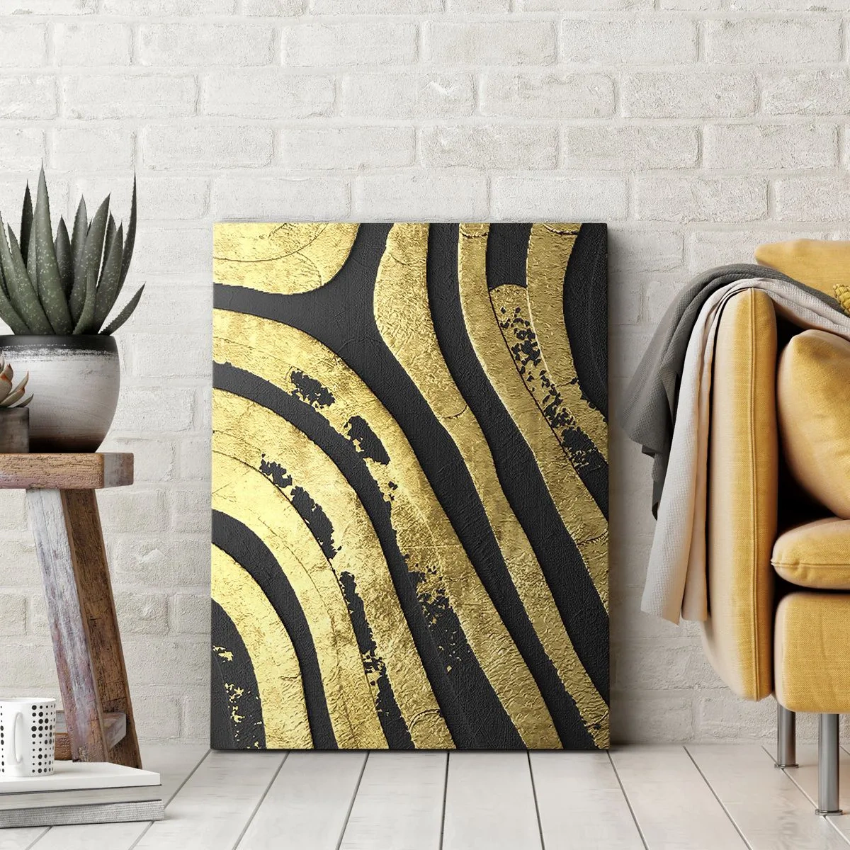 Bild auf Leinwand - Leinwandbild - Goldene abstrakte Wellen auf schwarzem Hintergrund - 80x120cm - Alles fließt - Moderne Wanddekoration für Wohnzimmer und Schlafzimmer ARTTOR