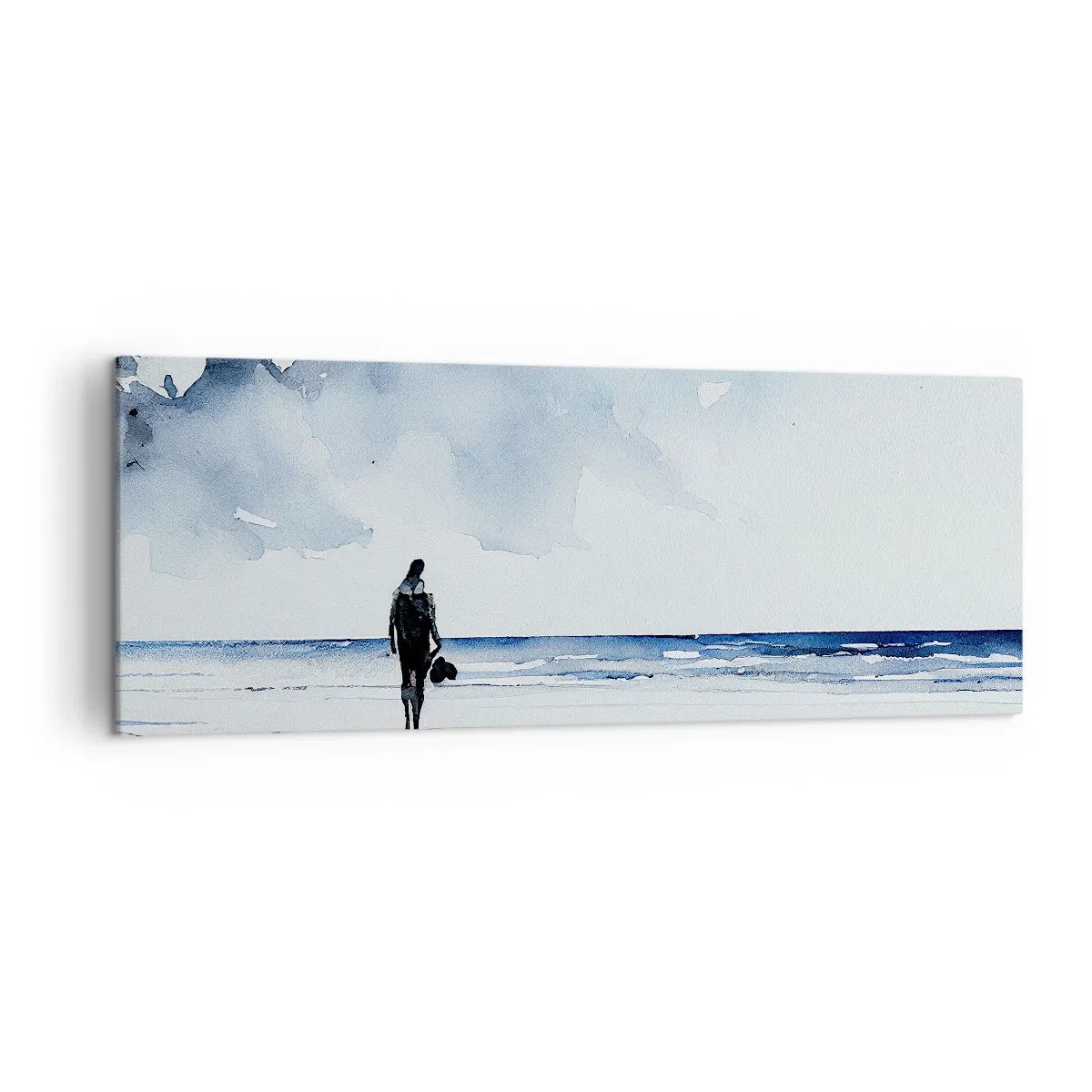 Bild auf Leinwand - Leinwandbild - Eine Figur an einem Strand in einer ruhigen Meeresumgebung - 140x50cm - Gespräch mit dem Meer - Moderne Wanddekoration für Wohnzimmer und Schlafzimmer ARTTOR