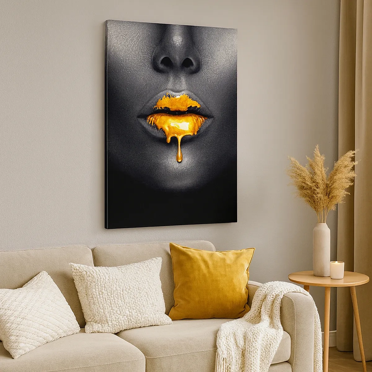 Bild auf Leinwand - Leinwandbild - Schwarz-goldenes Porträt einer Frau mit einem Tropfen Gold auf den Lippen - 50x70cm - Goldmaul - Moderne Wanddekoration für Wohnzimmer und Schlafzimmer ARTTOR