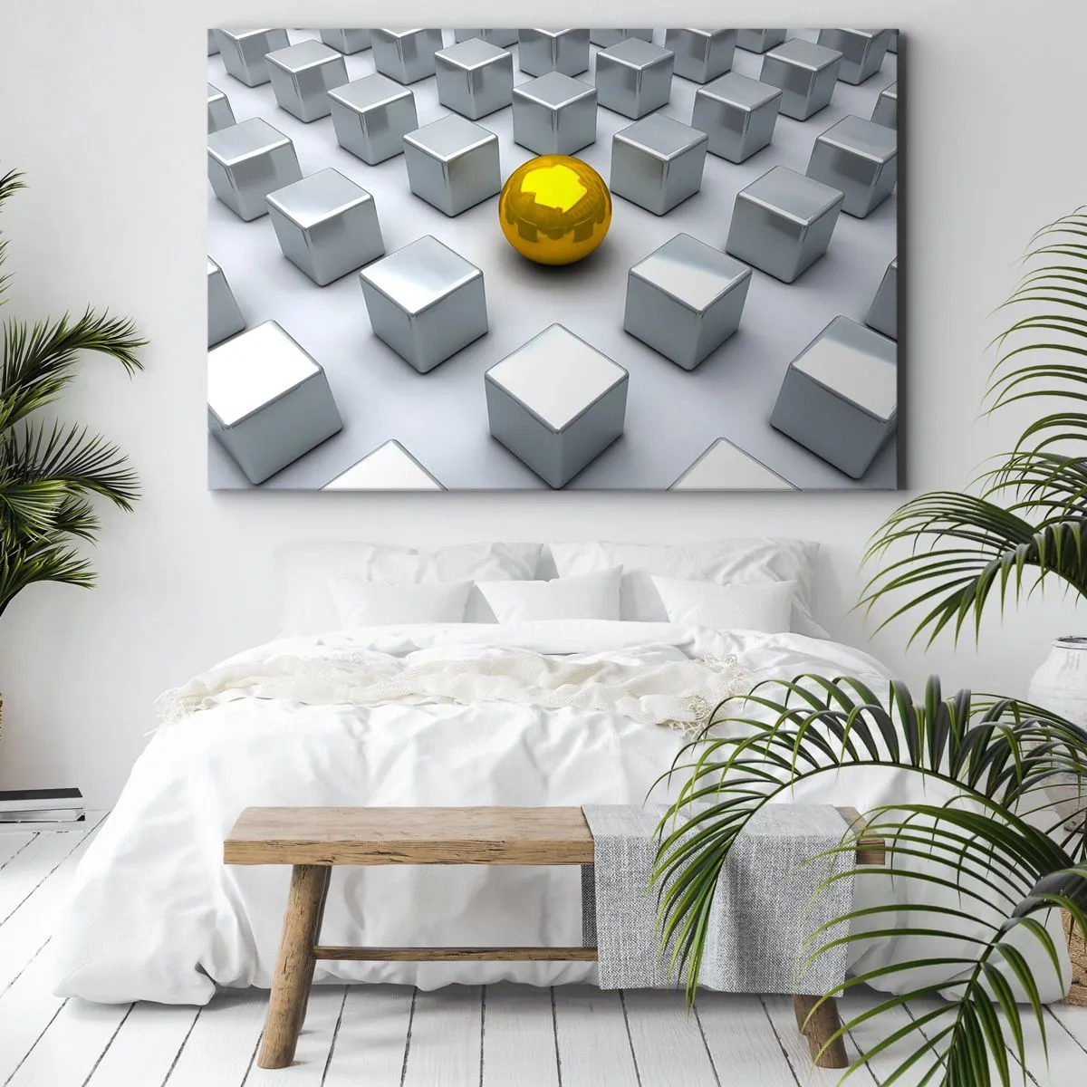 Bild auf Leinwand - Leinwandbild - Eine goldene Kugel, die zwischen den silbernen Würfeln hervorsticht - 100x70cm - Warum ich? Geometrische Zusammensetzung - Moderne Wanddekoration für Wohnzimmer und Schlafzimmer ARTTOR