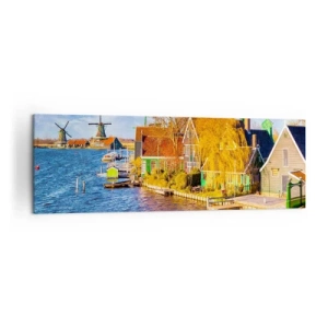Bild auf Leinwand - Leinwandbild - Malerische Häuser und Windmühlen am Wasser - 160x50cm - Seit Jahrhunderten keine Veränderung - Moderne Wanddekoration für Wohnzimmer und Schlafzimmer ARTTOR