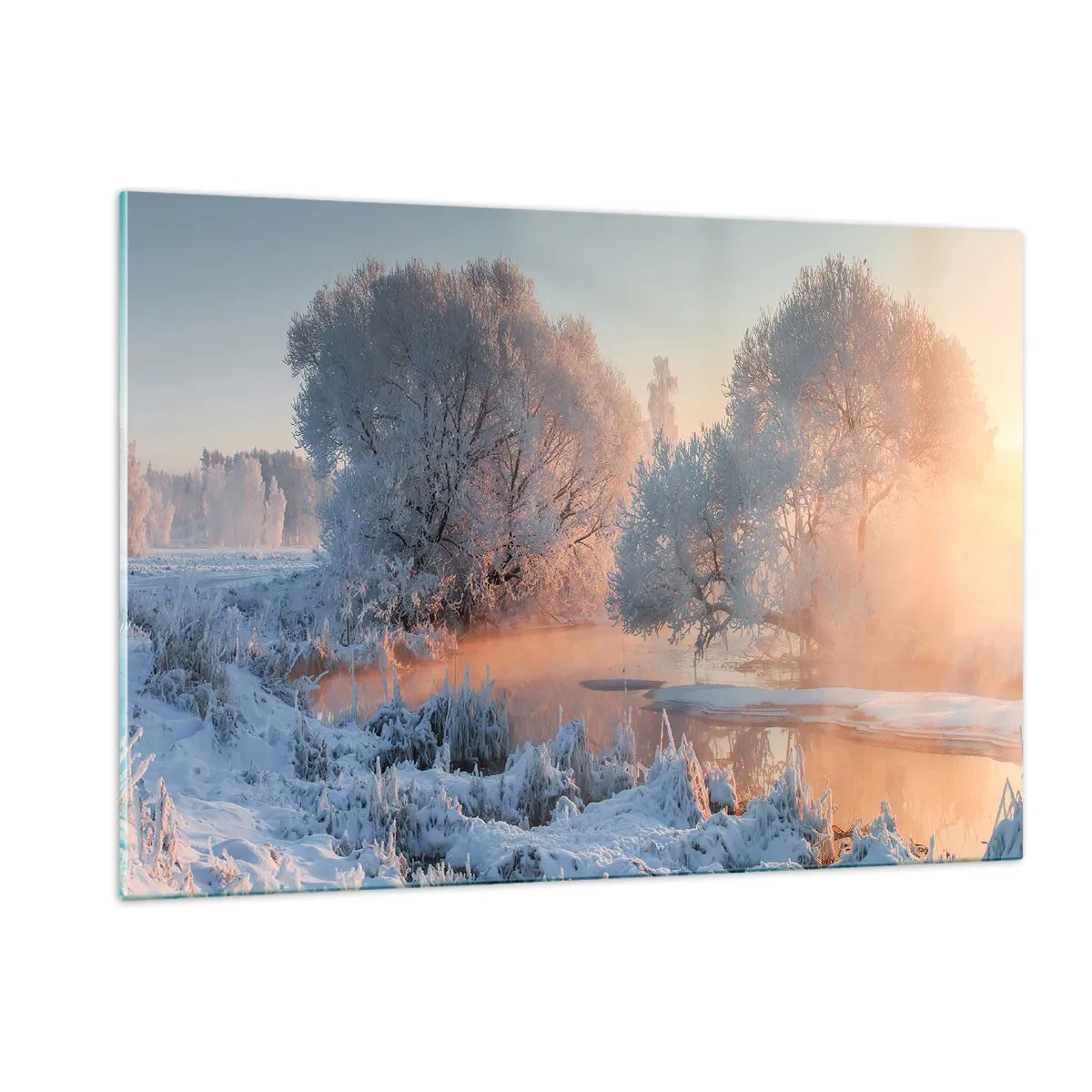 Glasbild - Bild auf glas - Winterlandschaft mit zugefrorenem See und Morgennebel - 120x80cm - Alles im Kristall glänzt in der Sonne - Moderne Wanddekoration für Wohnzimmer und Schlafzimmer ARTTOR