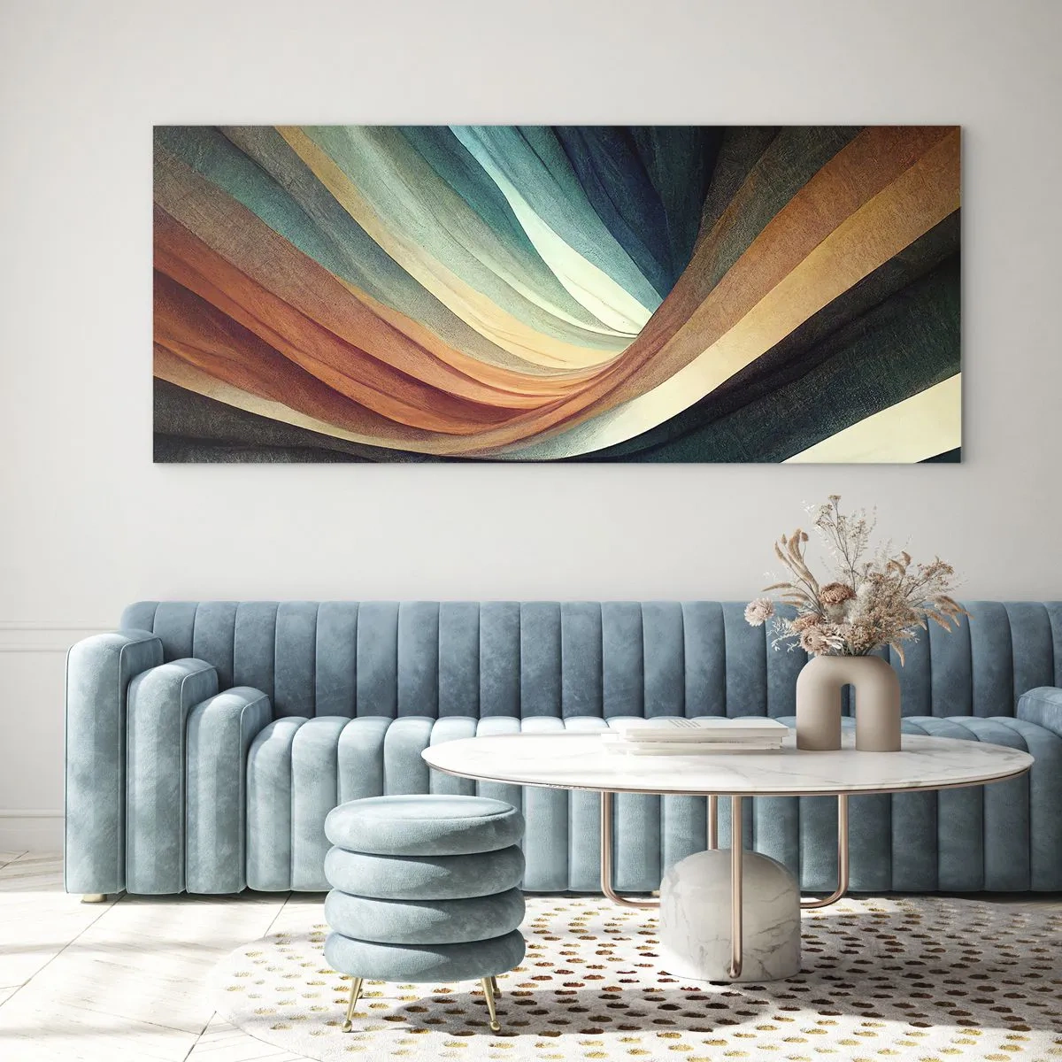 Glasbild - Bild auf glas - Abstrakte Wellen in warmen und kühlen Farbtönen - 140x50cm - Aus Farben gewebt - Moderne Wanddekoration für Wohnzimmer und Schlafzimmer ARTTOR