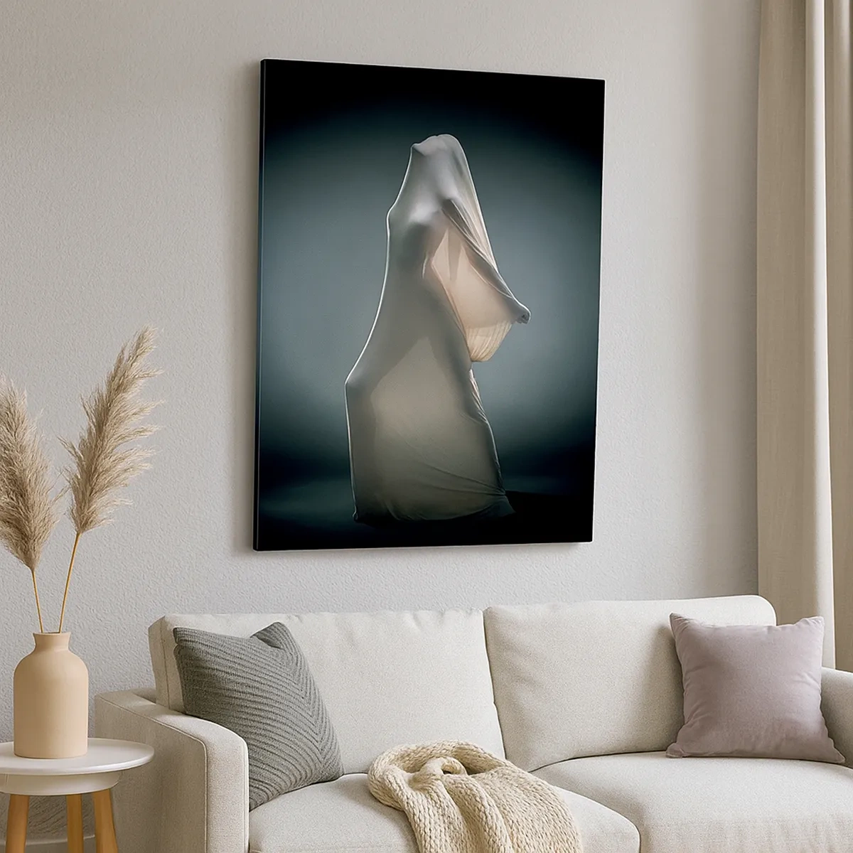 Bild auf Leinwand - Leinwandbild - Eine Figur aus weißem Stoff auf dunklem Hintergrund - 50x70cm - Versteckte Wünsche - Moderne Wanddekoration für Wohnzimmer und Schlafzimmer ARTTOR