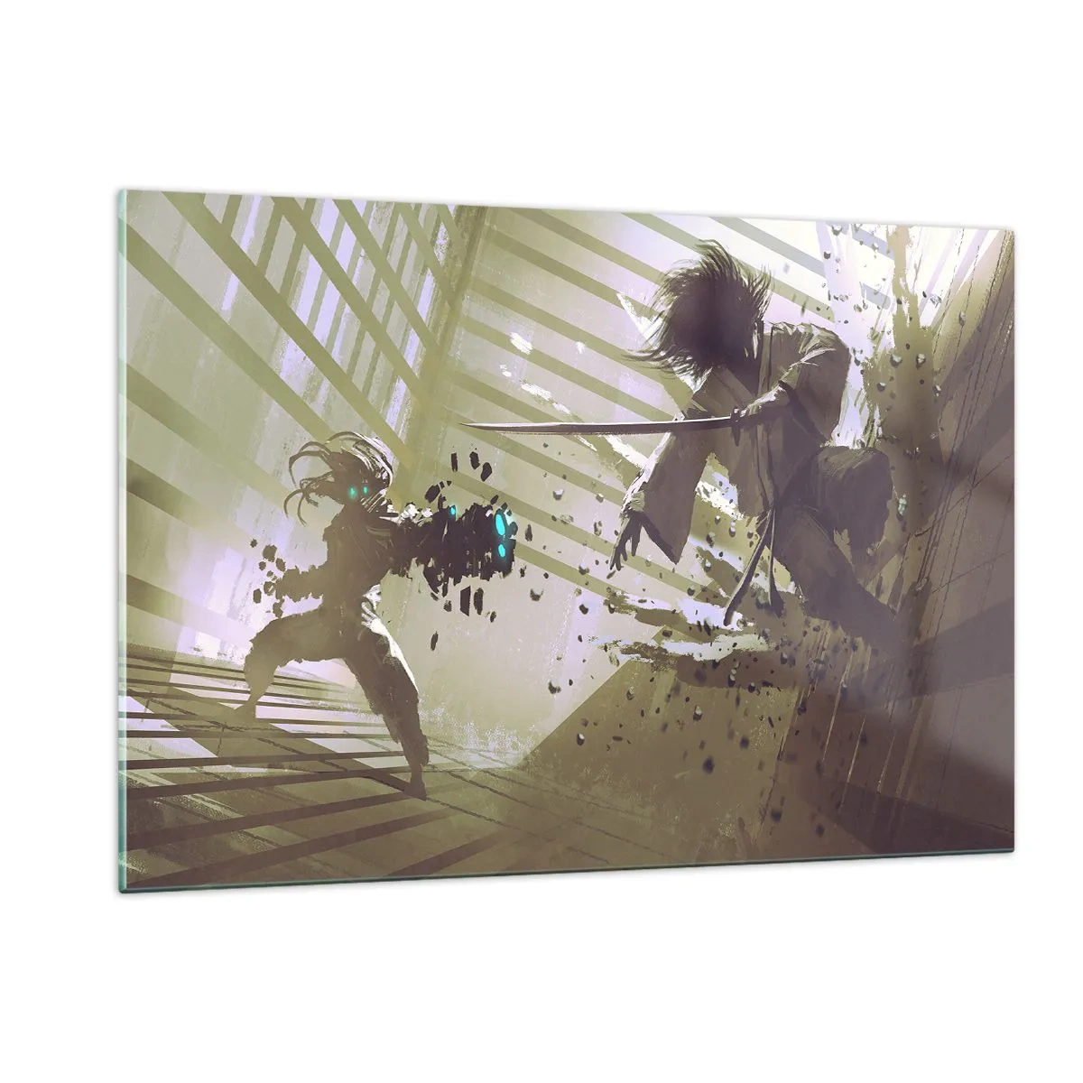 Glasbild - Bild auf glas - Samurai-Duell in einer dynamischen Szene - 120x80cm - Und du kannst ein Samurai sein - Moderne Wanddekoration für Wohnzimmer und Schlafzimmer ARTTOR
