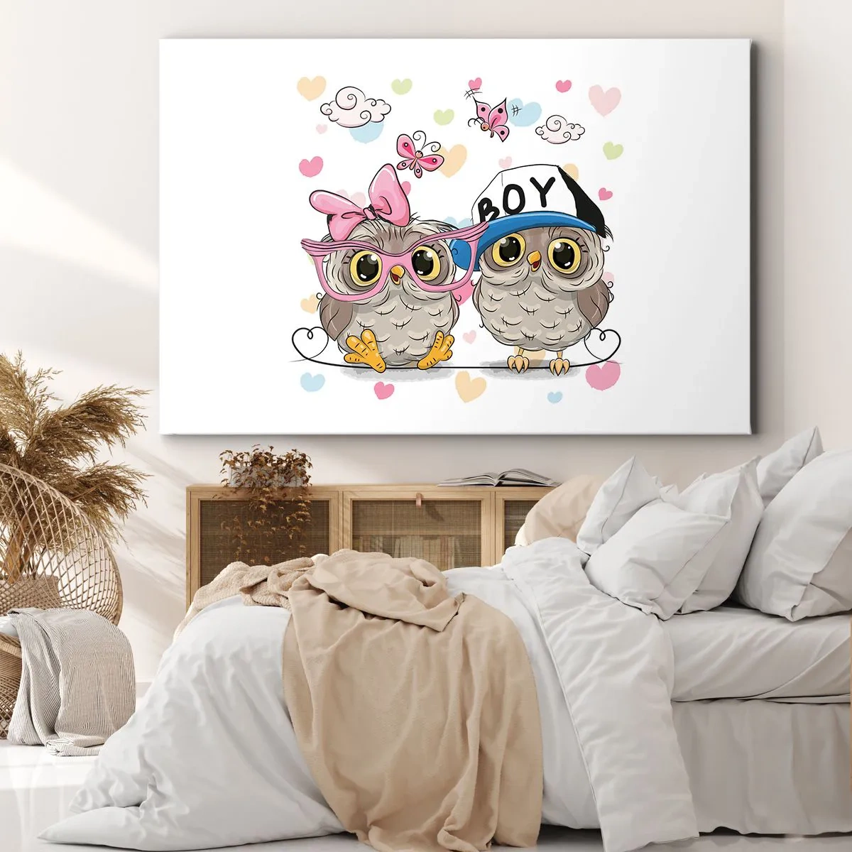Bild auf Leinwand - Leinwandbild - Zwei entzückende Eulen, umgeben von Herzen - 70x50cm - Lass uns Liebe machen! - Moderne Wanddekoration für Wohnzimmer und Schlafzimmer ARTTOR