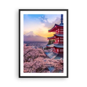 Poster in einem schwarzem Rahmen - Eine Pagode mit Blick auf den Berg Fuji, umgeben von Kirschblüten bei Sonnenuntergang - 50x70cm - Die Essenz des japanischen Geistes - Moderne Wanddekoration für Wohnzimmer und Schlafzimmer ARTTOR