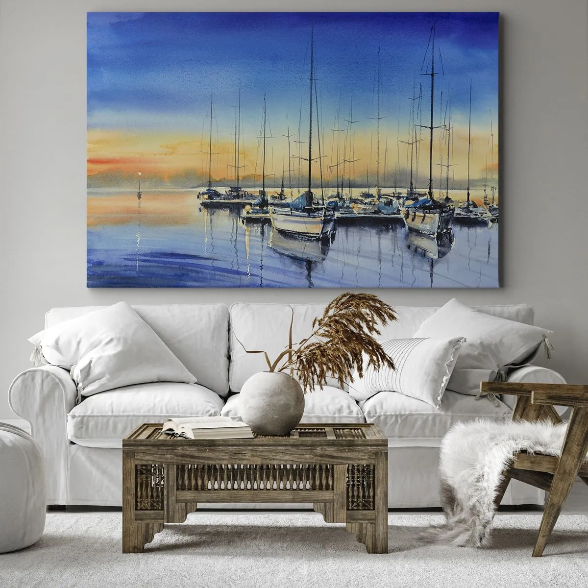 Bild auf Leinwand - Leinwandbild - Yachthafen bei Sonnenuntergang mit Spiegelungen auf dem Wasser - 100x70cm - Ende eines guten Tages - Moderne Wanddekoration für Wohnzimmer und Schlafzimmer ARTTOR