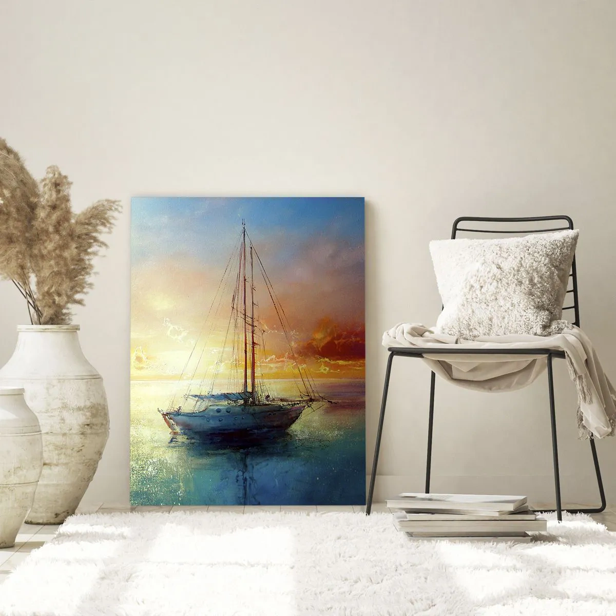Glasbild - Bild auf glas - Eine Yacht auf ruhigem Meer bei Sonnenuntergang - 80x120cm - In einer goldenen Bucht - Moderne Wanddekoration für Wohnzimmer und Schlafzimmer ARTTOR