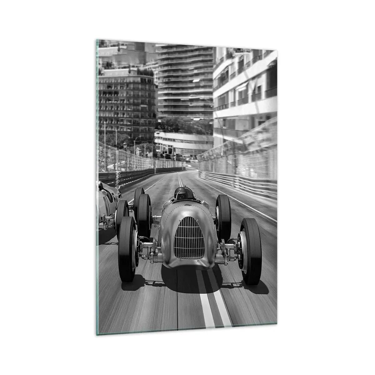 Glasbild - Bild auf glas - Monochrome Retro-Autorennen-Szene - 80x120cm - Vor langer Zeit in Monte Carlo - Moderne Wanddekoration für Wohnzimmer und Schlafzimmer ARTTOR