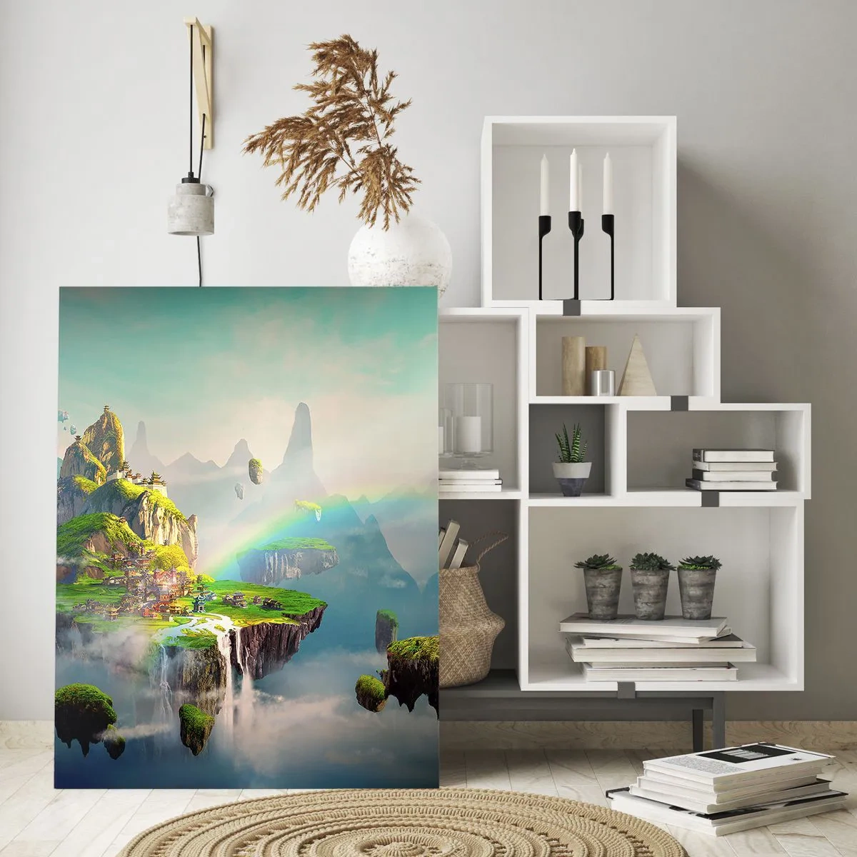 Glasbild - Bild auf glas - Fliegende Inseln zwischen den Wolken mit einem Regenbogen am Horizont - 80x120cm - Mitten am Himmel - glückliche Inseln - Moderne Wanddekoration für Wohnzimmer und Schlafzimmer ARTTOR