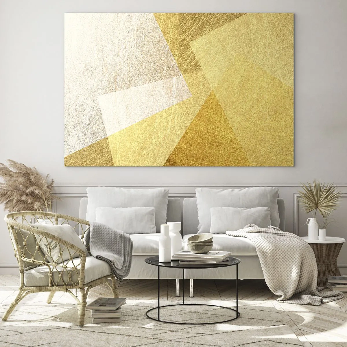 Glasbild - Bild auf glas - Goldene geometrische Formen mit einer metallischen und leichten Textur - 100x70cm - Geometriewetter - Moderne Wanddekoration für Wohnzimmer und Schlafzimmer ARTTOR