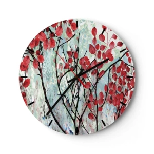 Wanduhr - Glasuhr - Zweige mit roten Blättern auf gemaltem Hintergrund - 30x30cm - Baum in Scharlachrot - Moderne Wanddekoration für Wohnzimmer, Küche und Schlafzimmer ARTTOR