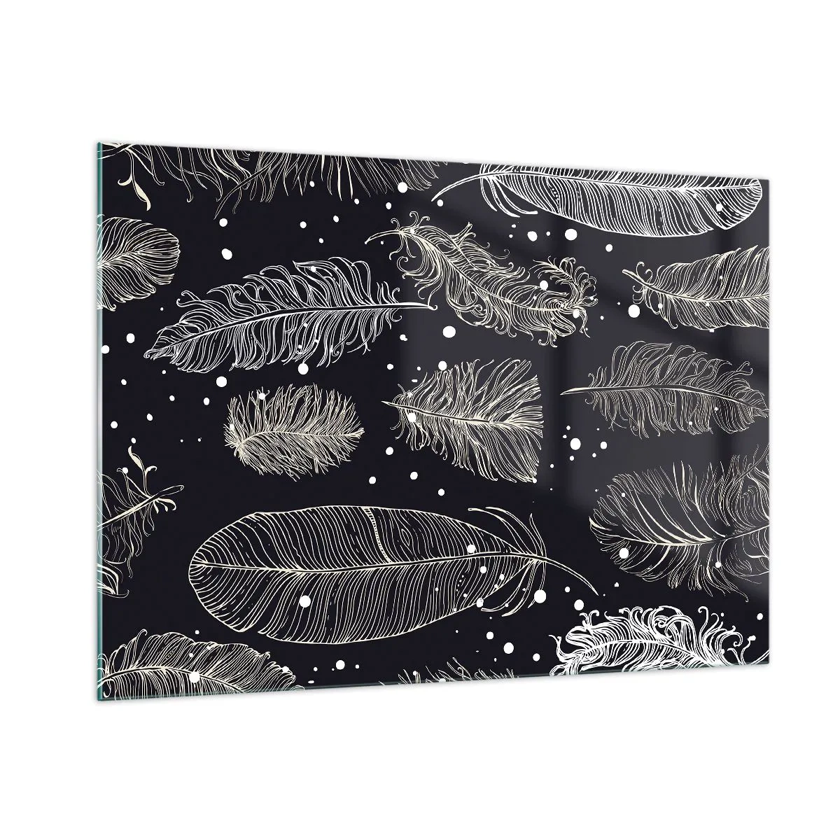 Glasbild - Bild auf glas - Weiße Federn auf schwarzem Hintergrund mit subtilen Details - 100x70cm - Gefiederte Spitze - Moderne Wanddekoration für Wohnzimmer und Schlafzimmer ARTTOR