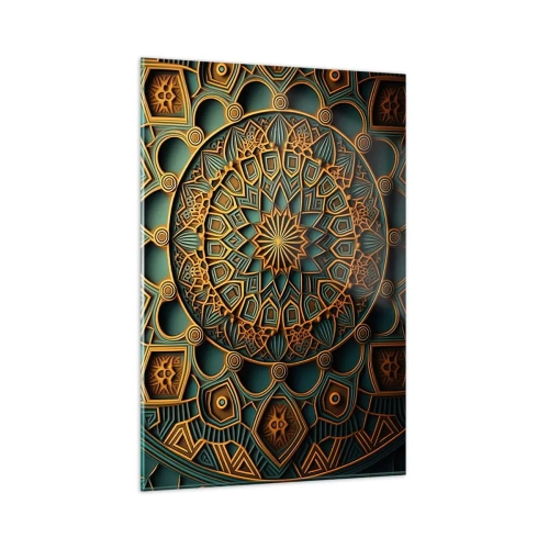 Glasbild - Bild auf glas - Ein goldenes Mandala auf türkisfarbenem Hintergrund mit vielen Details. - 80x120cm - In arabischer Atmosphäre - Moderne Wanddekoration für Wohnzimmer und Schlafzimmer ARTTOR