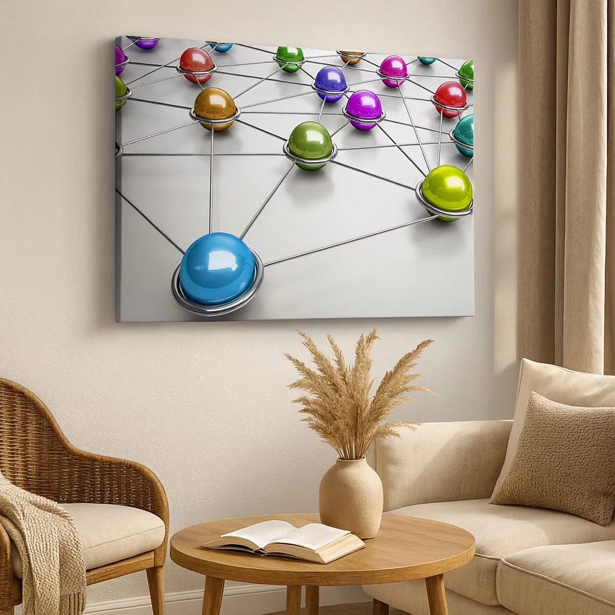 Bild auf Leinwand - Leinwandbild - Bunte Kugeln, die durch dünne Linien auf weißem Hintergrund verbunden sind - 70x50cm - Kosmisches Spinnennetz - Moderne Wanddekoration für Wohnzimmer und Schlafzimmer ARTTOR