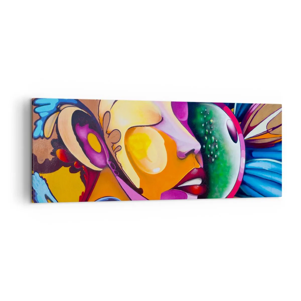 Bild auf Leinwand - Leinwandbild - Eine farbenfrohe Abstraktion mit einem Gesichtsmotiv in einer dynamischen Komposition - 140x50cm - Mit Farbe berühren - Moderne Wanddekoration für Wohnzimmer und Schlafzimmer ARTTOR