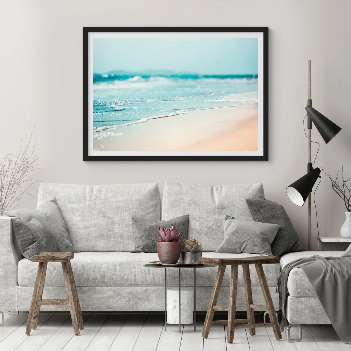 Poster in einem schwarzem Rahmen - Sanfte Meereswellen an einem Sandstrand - 70x50cm - Hitze und Lärm - Moderne Wanddekoration für Wohnzimmer und Schlafzimmer ARTTOR