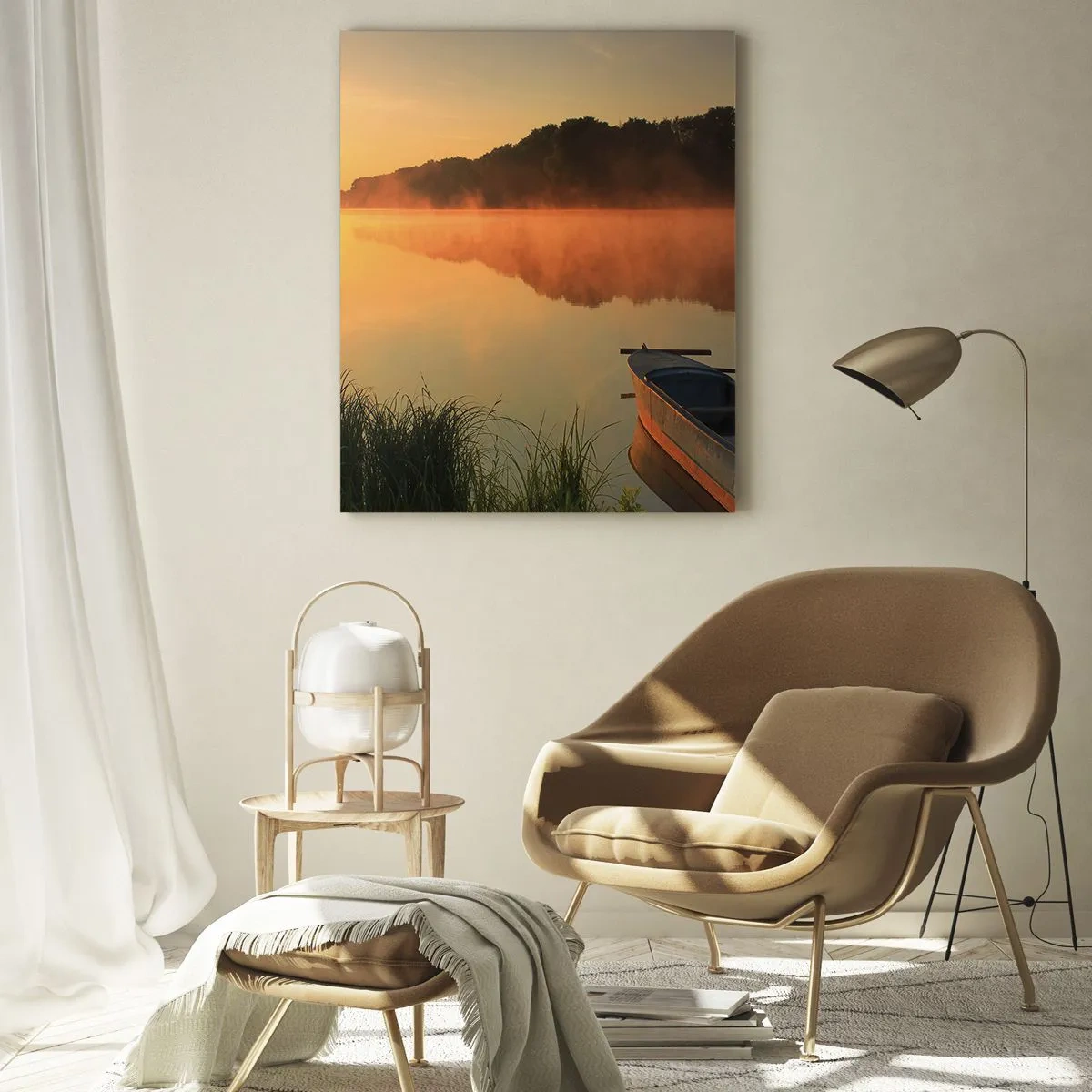 Glasbild - Bild auf glas - Morgennebel über dem Fluss mit einem Boot in den Sonnenstrahlen - 70x100cm - Sonnenaufgang über dem Wasser wie ein Spiegel - Moderne Wanddekoration für Wohnzimmer und Schlafzimmer ARTTOR
