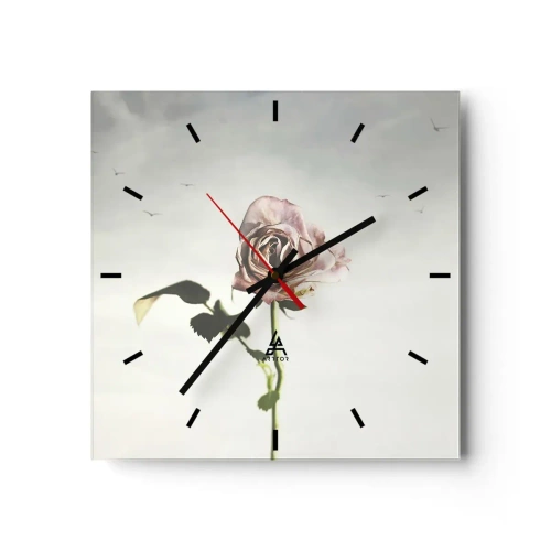 Wanduhr - Glasuhr - Eine zarte Rose vor einem hellen Himmel mit fliegenden Vögeln - 30x30cm - Begrüßung des Frühlings - Moderne Wanddekoration für Wohnzimmer und Schlafzimmer ARTTOR